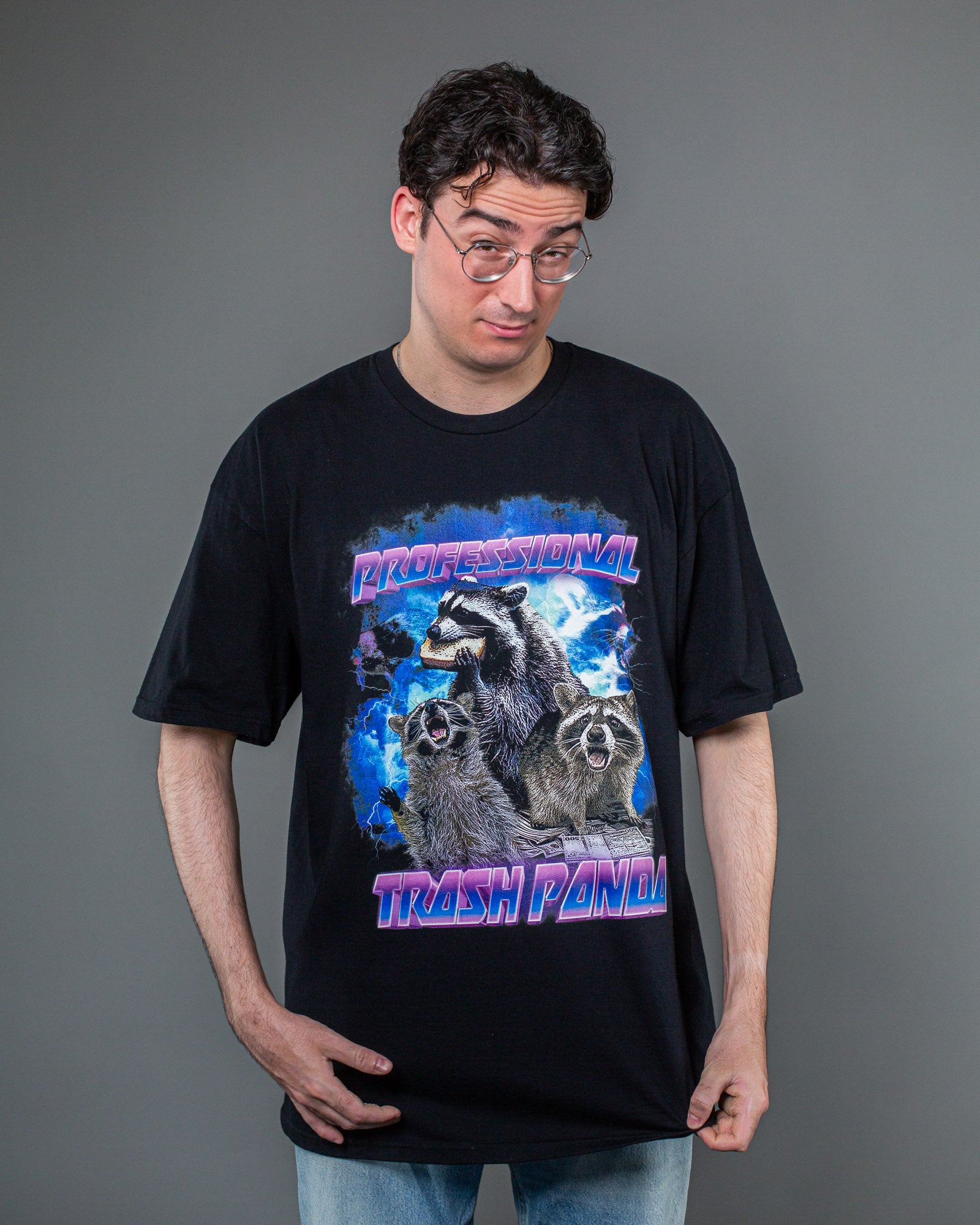 Nahaufnahme des oberen Bereichs des Druckmotivs auf schwarzem T-Shirt. Im Fokus steht der Waschbär mit Sandwich, darüber der Text „PROFESSIONAL“ in einem lila-blauen 3D-Stil vor wolkigem Hintergrund mit Blitzen.