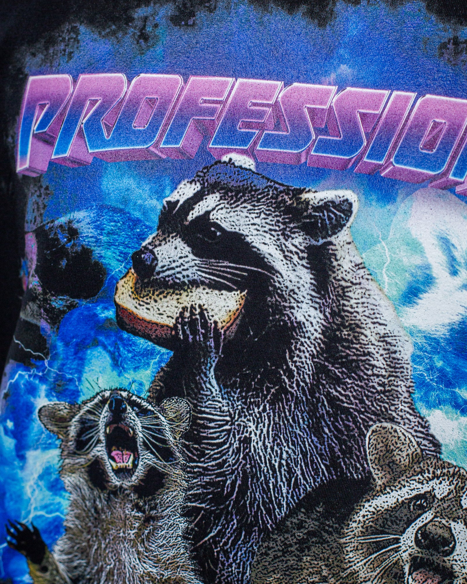 Person in schwarzem T-Shirt mit Waschbär-Print steht frontal zur Kamera und zeigt mit beiden Zeigefingern auf die Schläfen. Das Motiv zeigt drei Waschbären, Blitze und den Schriftzug „PROFESSIONAL TRASH PANDA“.